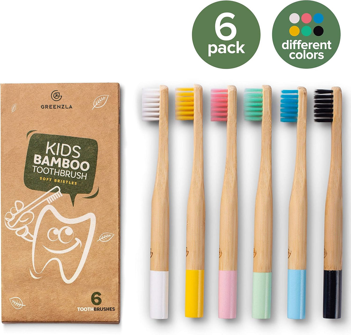 GREENZLA Kids Bamboo Toothbrushes, Natural Toothbrush Set, Soft Bristles, Durable Charcoal Wooden Brushes, Compostable Design for Toddlers and Children, 6 Pack