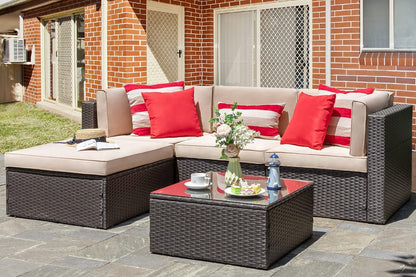 Vongrasig 5 Piece Patio Furniture Sets, Outdoor Patio Set Sectional Sofa, All-Weather PE Rattan Outdoor Couch with Ottoman, Glass Table for Garden, Backyard, Porch, Beige