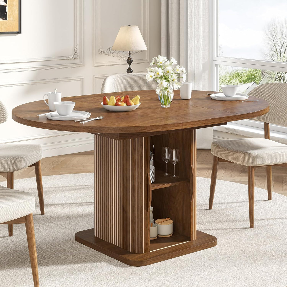 Extendable Round Dining Table for 4-6-8, 59 Inch Dining Room Kitchen Table with Storage, Fluted Wood Slide Door, Modern Oval Circle Dinner Furniture for Living Room, Farmhouse, Brown, Walnut