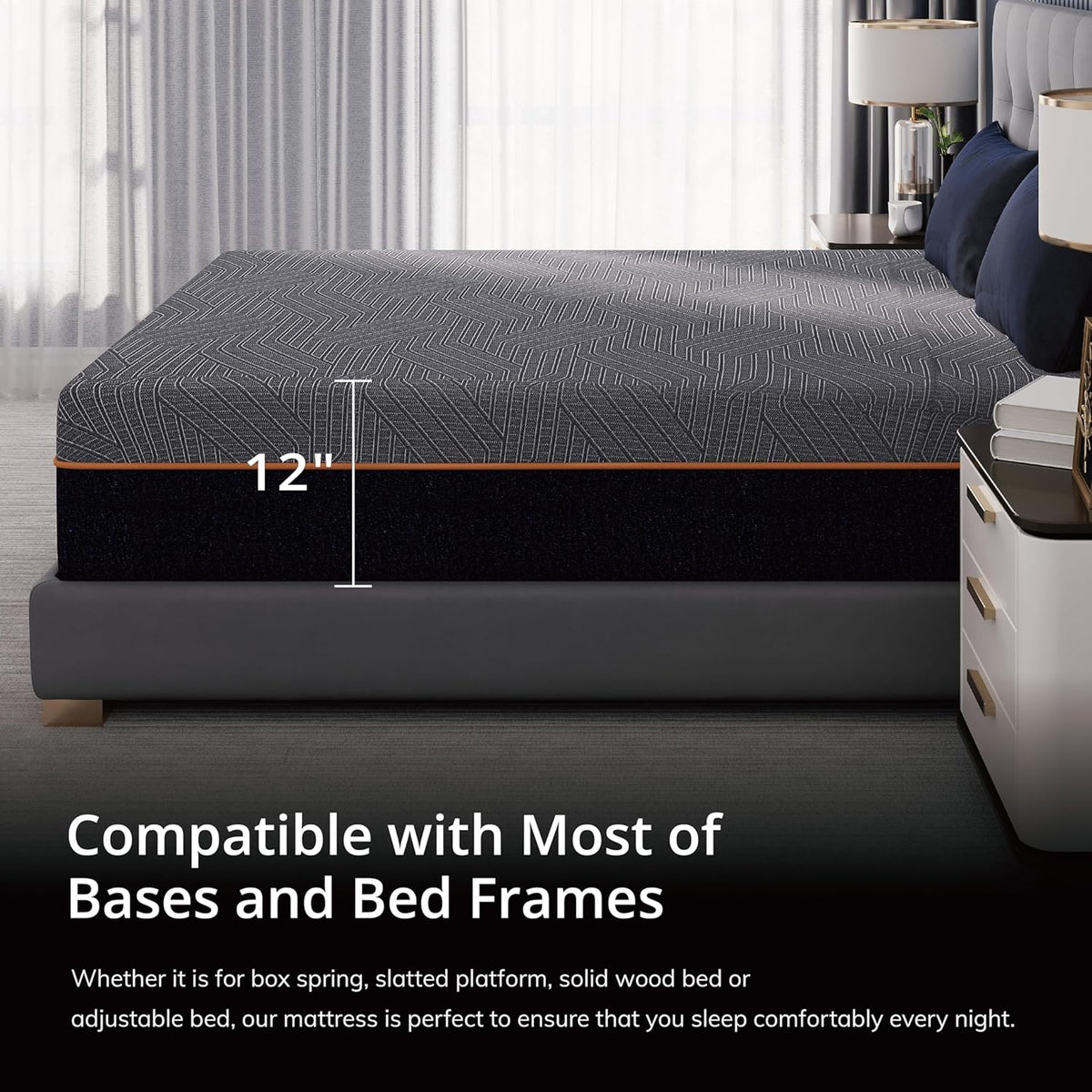 EGOHOME 12 Inch King Memory Foam Mattress for Back Pain, Cooling Copper Gel Bed in a Box, Foam Made in USA, CertiPUR-US Certified, Therapeutic Medium Firm, 76x80x12 Black