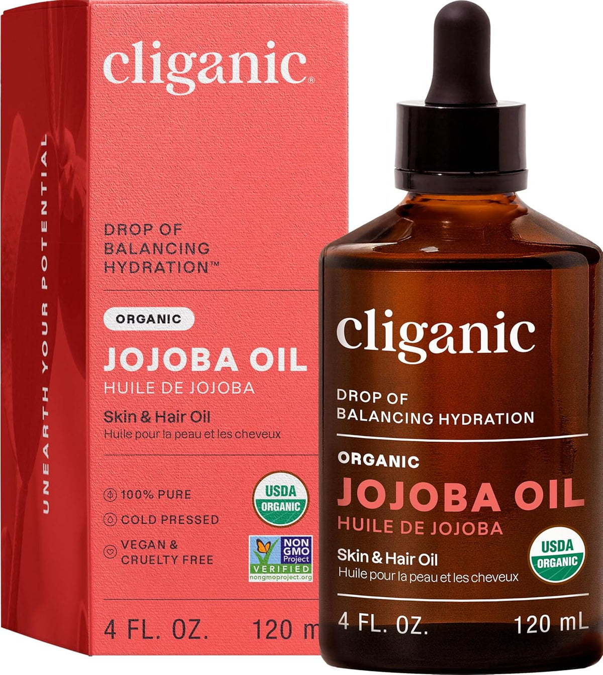 Cliganic Organic Jojoba Oil, 100% Pure (4oz) | Moisturizing for Face, Hair, Skin & Nails | Natural Cold Pressed Hexane Free | Base Carrier Oil