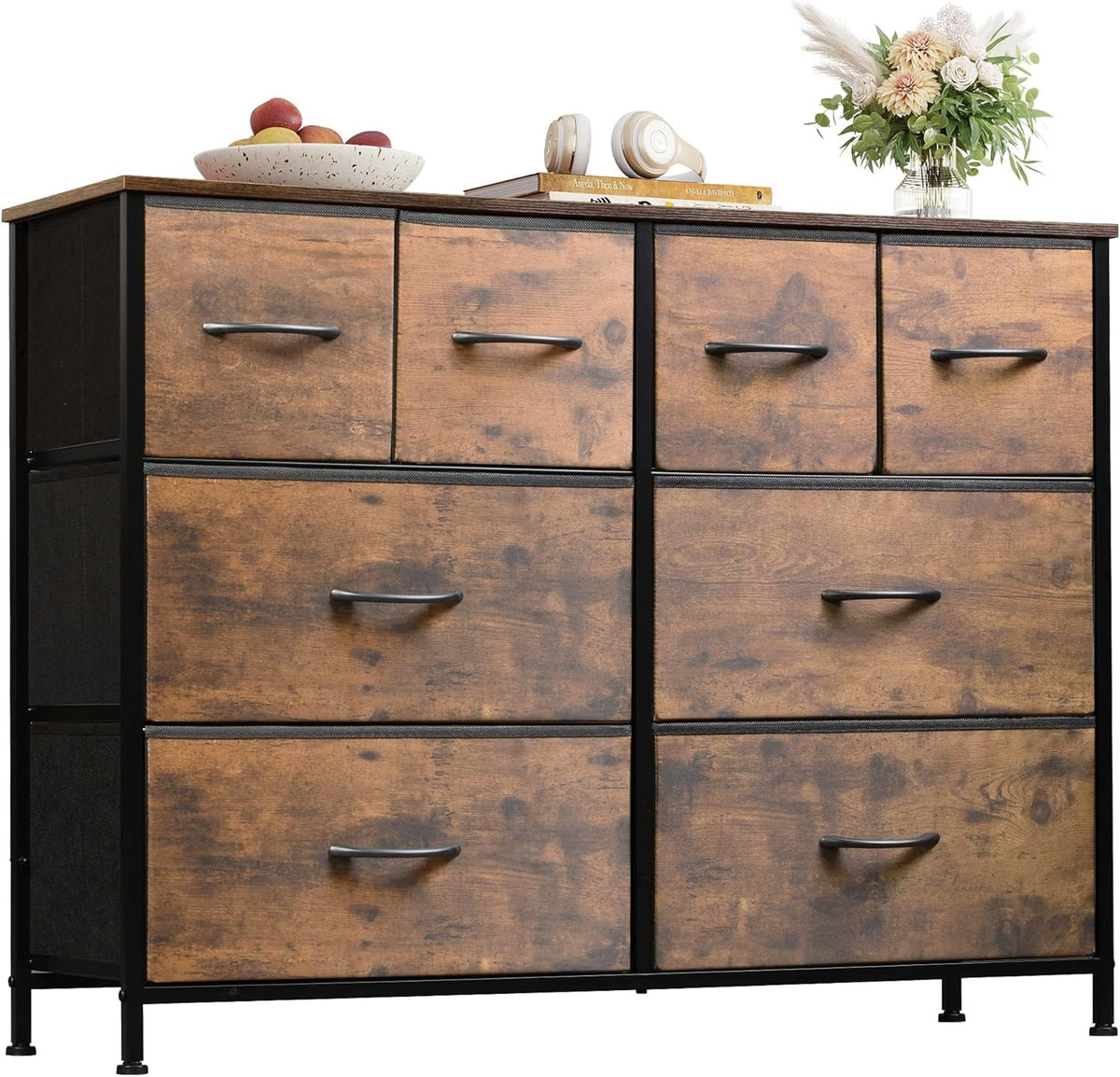 WLIVE Dresser for Bedroom with 8 Drawers, Wide Fabric Dresser for Storage and Organization, Bedroom Dressers, Chest of Drawers for Living Room, Closet, Entryway, Rustic Brown Wood Grain Print