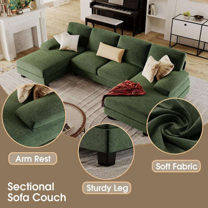 Furmax Sectional Couches for Living Room, U-Shaped Sofa Couch with Linen Fabric, 4 Seat Sofa Set with Double Chaise for Apartment (Fabric, Green)