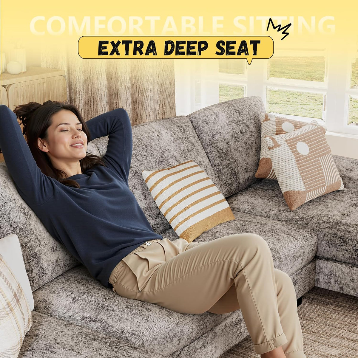 JUMMICO Sectional Couches for Living Room, U Shaped Couch with Chenille Fabric, 4 Seat Modern Sofa with Removable Pillows for Apartment and Small Space (Fabric, Grey)