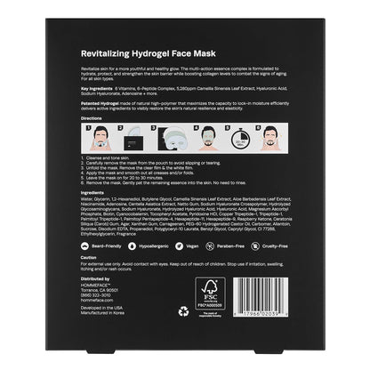 HommeFace men's 5ct hydrogel facial mask set with hyaluronic acid and peptides for hydrating and anti-aging skincare