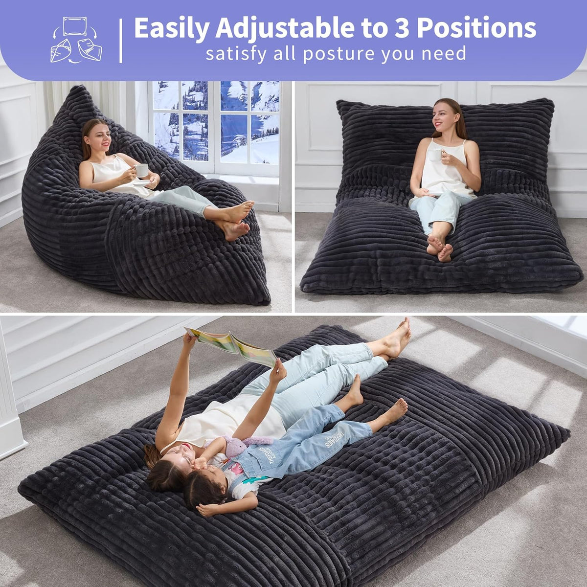 Hobestluk 3 in 1 Bean Bag Chair Giant Bean Bag Chairs Convertible Bean Bag Floor Cushion with Machine Washable Cover, Beanbag Chairs for Adult (Dark Grey)