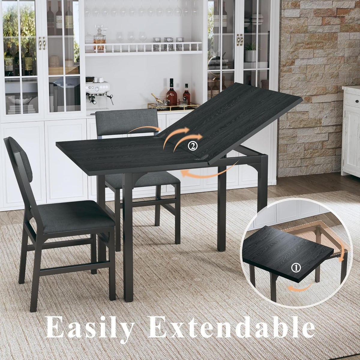 Dining Table Set for 4, Extendable Kitchen Table Cushion Chairs Set of 4, Rectangle Dining Table with Metal Frame & MDF Board, Folding for Small Apartment Saving Space, Black