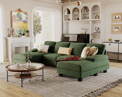 Furmax Sectional Couches for Living Room, U-Shaped Sofa Couch with Linen Fabric, 4 Seat Sofa Set with Double Chaise for Apartment (Fabric, Green)