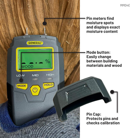 General Tools MMD4E Digital Moisture Meter, Water Leak Detector, Moisture Tester, Pin Type, Backlit LCD Display With Audible and Visual High-Medium-Low Moisture Content Alerts, Grays