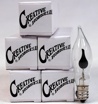 Creative Hobbies A101 Flicker Flame Light Bulb - 3 Watt, 130 Volt, E12 Candelabra Base, Nickel Plated Base - Dances with a Flickering Orange Glow | 5 Pack