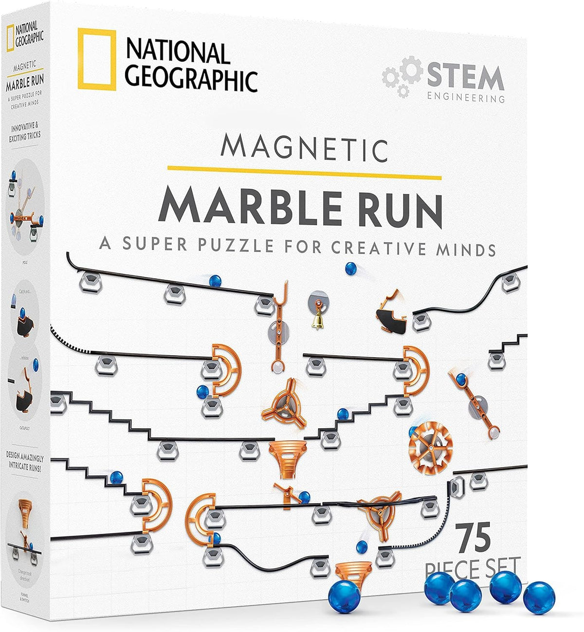 National Geographic Magnetic Marble Run - 75-Piece STEM Building Set for Kids & Adults with Magnetic Track & Trick Pieces & Marbles for Building A Marble Maze, STEM Project