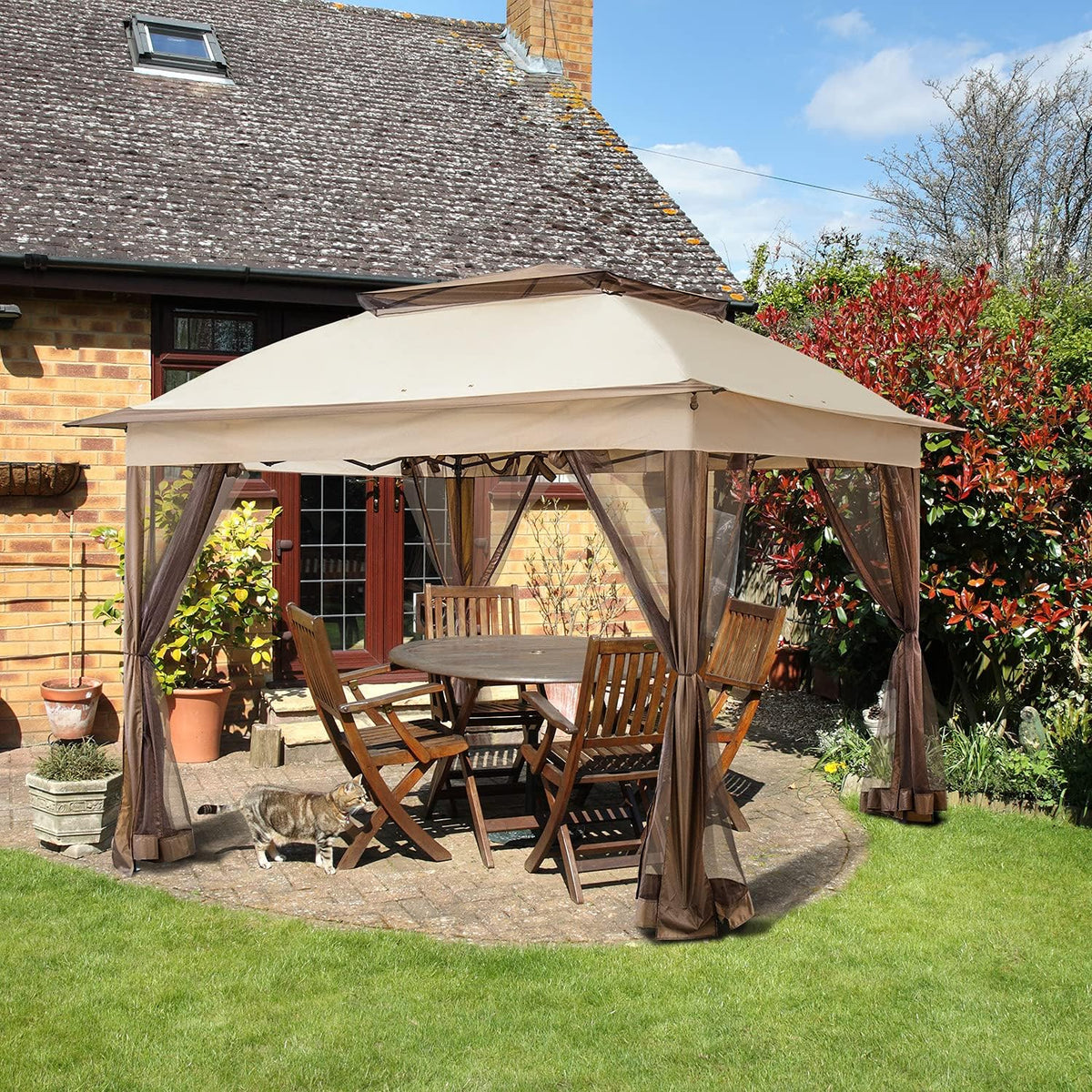 COOS BAY 11x11 Pop Up Instant Gazebo Tent with Mosquito Netting Outdoor Canopy Shelter with 121 Square Feet of Shade (Beige)
