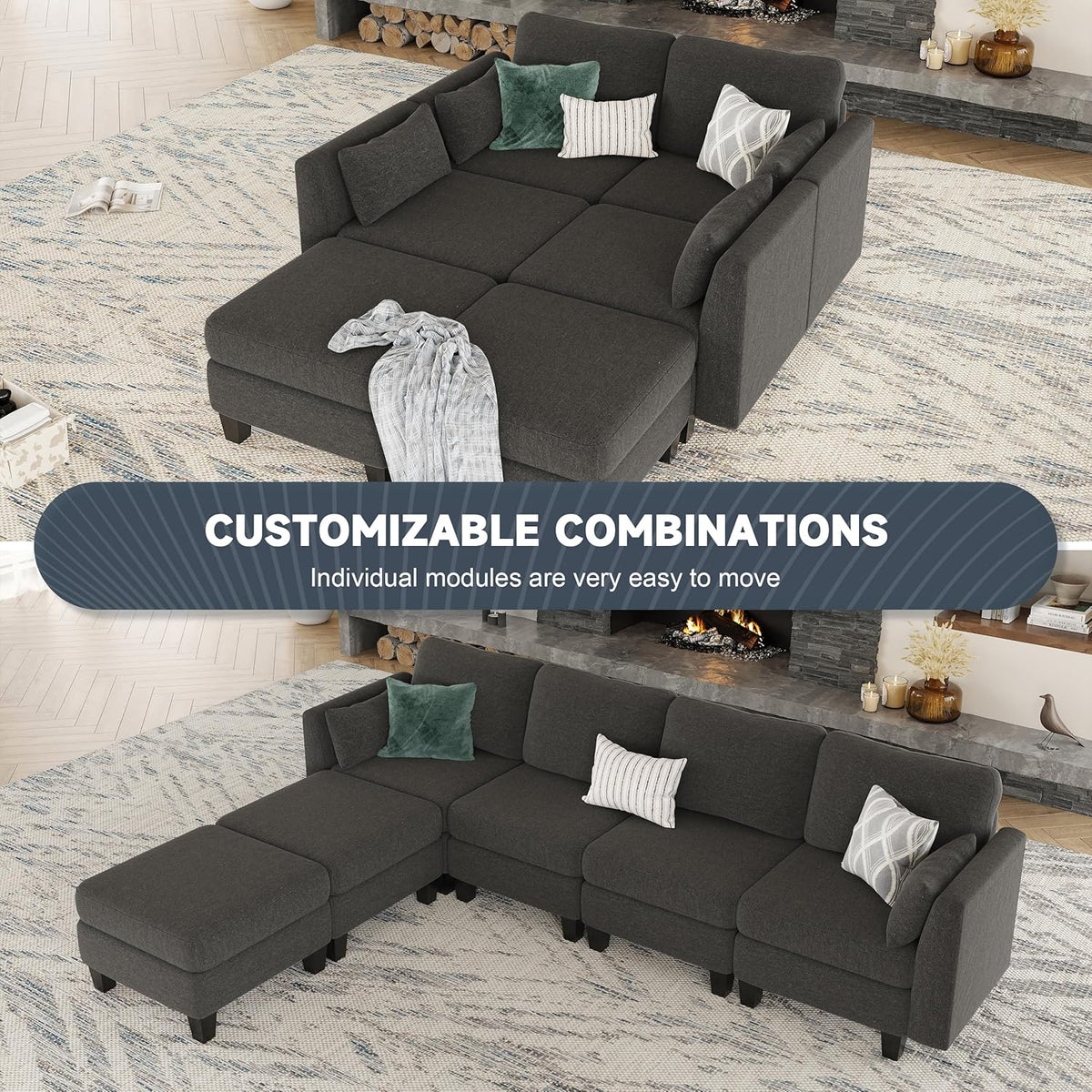 Modular Sectional Sofa, Convertible U Shaped Sofa Couch with High Density Memory Foam, 6 Seat Comfy Modular Sofa Couch for Living Room, Modern U Shaped Sectional Sofa, Dimgrey