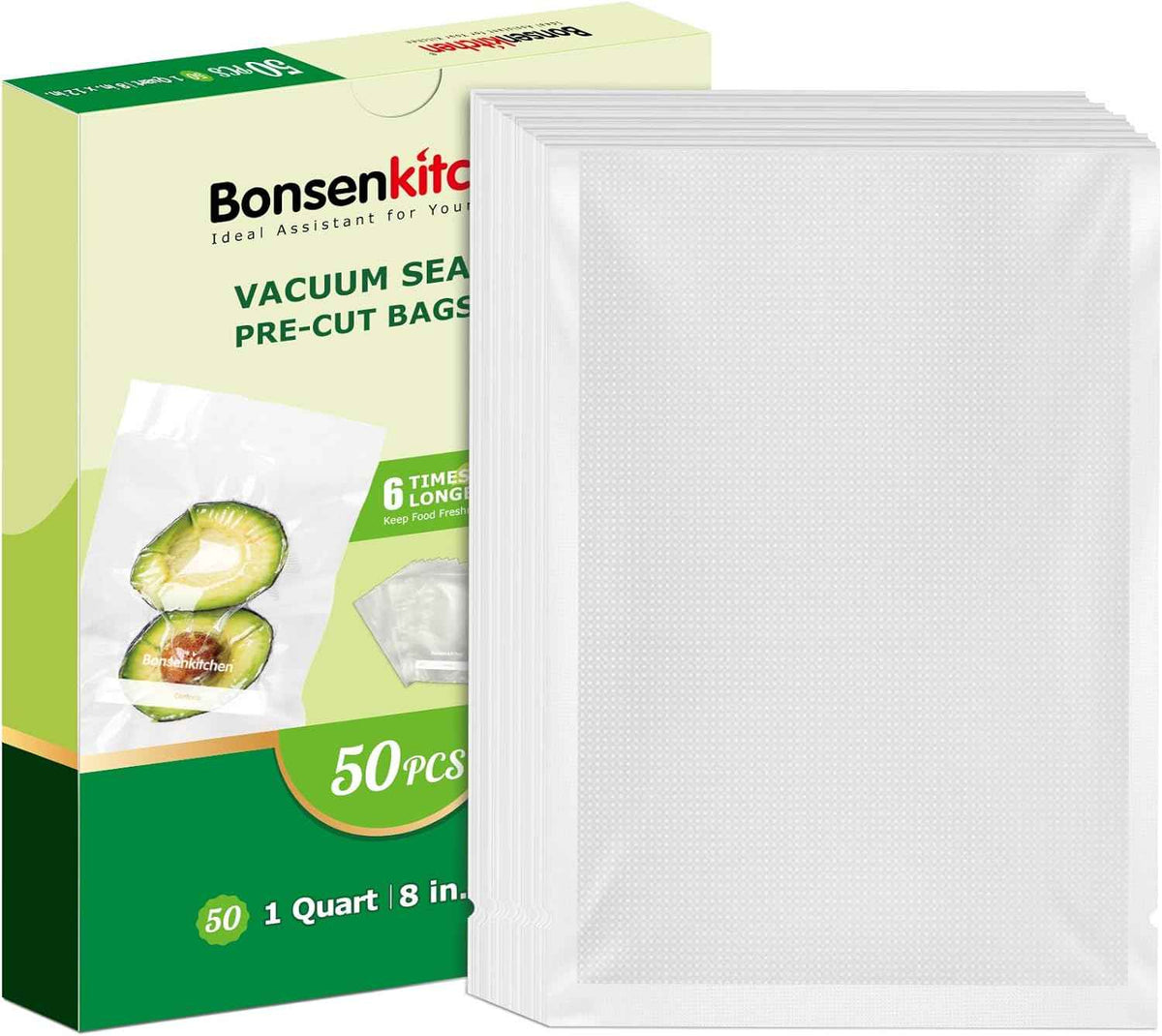 Bonsenkitchen 50 Pack 8x12 Vacuum Sealer Bags BPA-Free Heavy Duty for Food Storage Meal Prep and Sous Vide Cooking