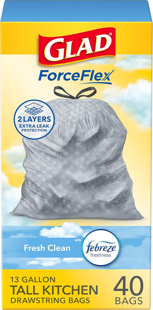 glad forceflex tall kitchen trash bags 13 gallon gain fresh clean scented drawstring garbage bags 40 count